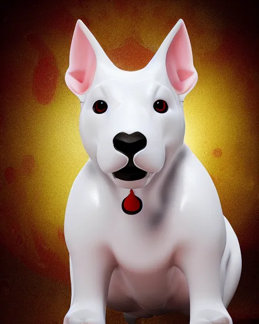 Prompt: 3d toy cute model of white bull terrier with red bullseye around left eye artistic ad campaign Portrait photo Leica Zeiss