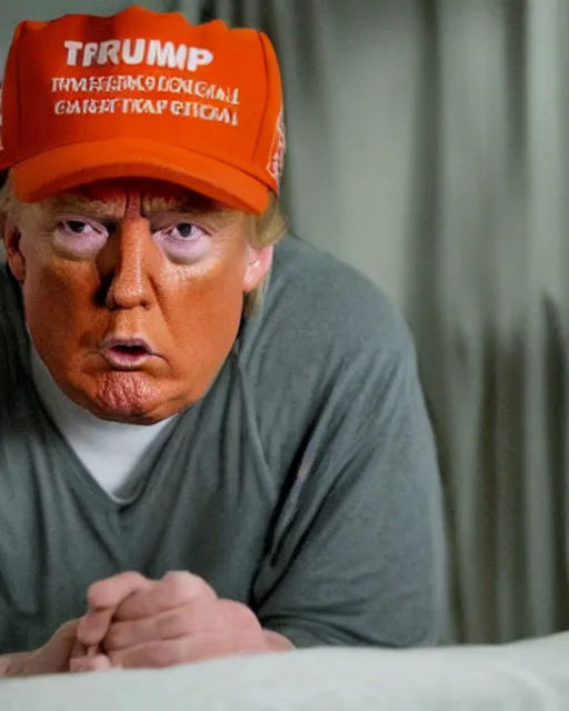 Image similar to closeup portrait of of angry donald trump wearing orange prison pajamas sitting on a bed in a filthy prison, cinematic masterpiece, octane, dramatic lighting, 35mm, very detailed