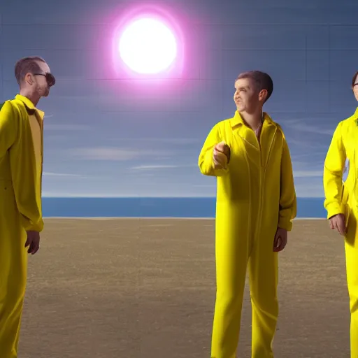 Image similar to futuristic world with people wearing yellow jump suits, 8 k resolution, cinematic lighting, anatomically correct