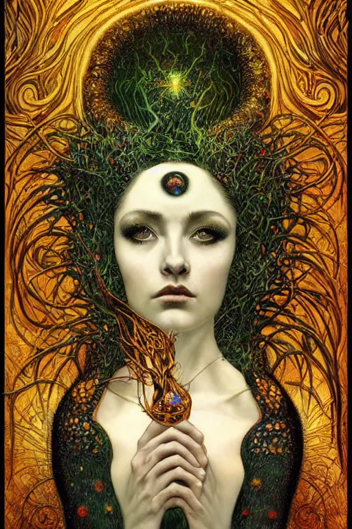 Image similar to Heart of Thorns by Karol Bak, Jean Deville, Gustav Klimt, and Vincent Van Gogh, Surreality, otherworldly, infernal enigma, Helliquary, fractal structures, celestial, arcane, ornate gilded medieval icon, third eye, spirals, dramatic sharp thorns, rich deep moody colors