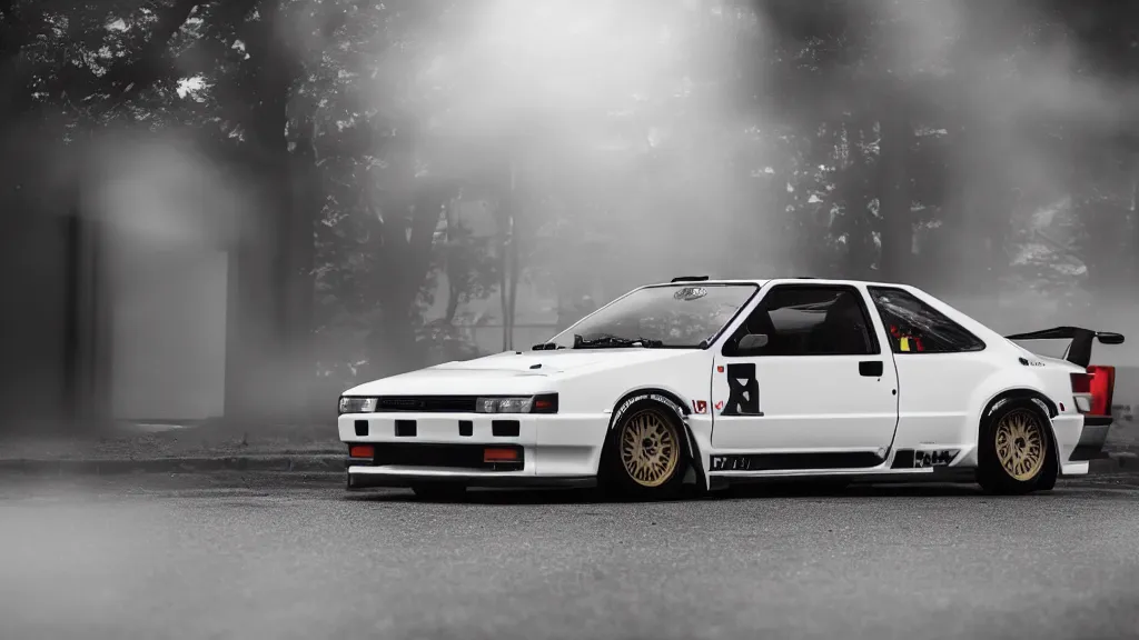 Prompt: takumi fujiwara's toyota ae 8 6 with tofu shop side door banner, cinematic, nikon d 7 5 0, long exposure, white balance, 8 k, led, lumen global illumination, fog, ray tracing reflections, fxaa, rtx, post - production