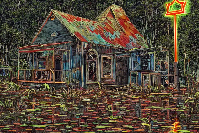 Image similar to scene fromlouisiana swamps, old protestant church with neon cross, junkyard by the road, boy scout troop, voodoo, artwork by jean giraud