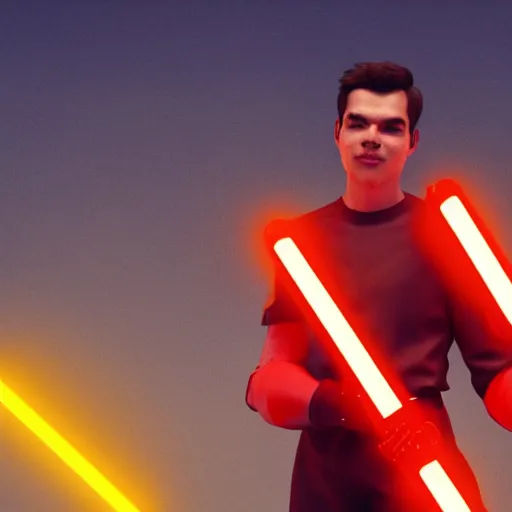 Image similar to rex orange county as a superhero holding an orange lightsaber, highly detailed, octane render, rendered in unreal engine 5, 8 k, hyperrealistic, trending on artstation