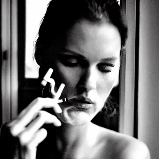 Image similar to Live Action Still of Jerma985 in a film of a beautiful model woman smoking a cigarette by the window, black and white, hyperrealistic, ultra realistic, realistic, highly detailed, epic, HD quality, 8k resolution, body and headshot, film still