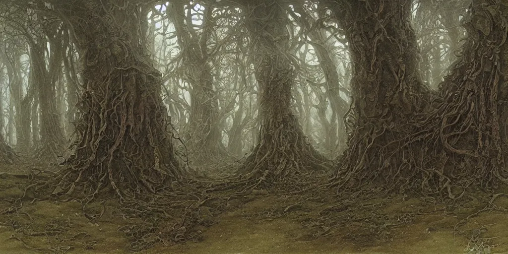 Image similar to artwork by john howe of the wretched thicket