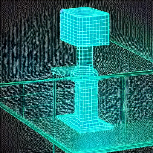 Prompt: 3D cyan grid hologram glass cube in matrix environment - close up shot, dark studio professional shot, photorealistic