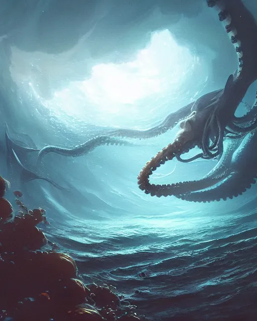 Image similar to A matted painting of a sea monster with many tentacles, on an underwater environment with expansive views of space, inspired by greg rutkowski and Keith Mallett, digital art, extremely moody lighting, glowing light and shadow, atmospheric, shadowy, cinematic