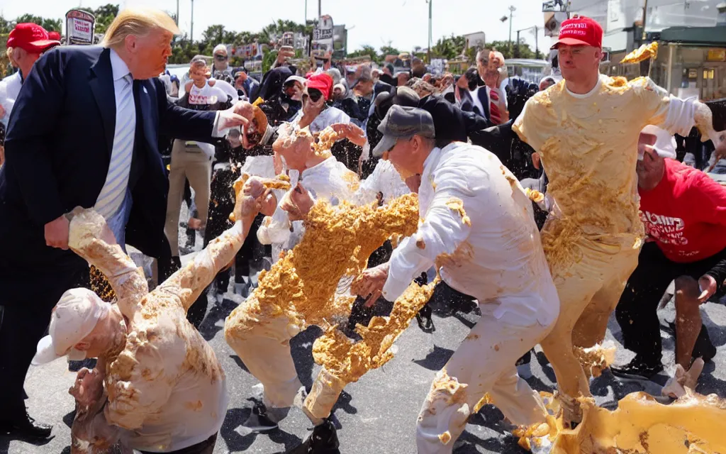 Image similar to donald trump hitting people with pudding, pudding stained clothes, golden hour, boardwalk