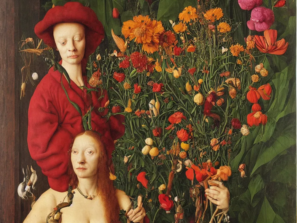 Image similar to Portrait of Meth addict with beautiful, exotic flowers. Painting by Jan van Eyck, Audubon, Maria Sybilla Merian, Rene Magritte, Agnes Pelton, Max Ernst, Walton Ford