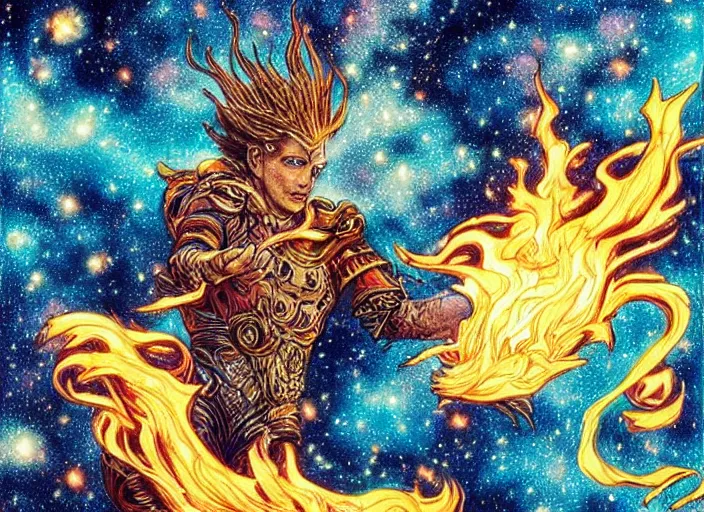 Image similar to high intricate colored ink drawing of the sandman holding a glimmering fire - galaxy, full shot, neil gaiman, maria panfilova, andrea savchenko, mike kime, ludovic plouffe, qi sheng luo, oliver cook, julian calle, eddie mendoza, trending on artstation