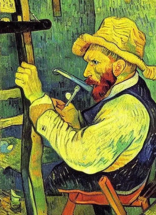 Prompt: good morning painter working on a canvas, painting by vincent van gogh, paul gauguin