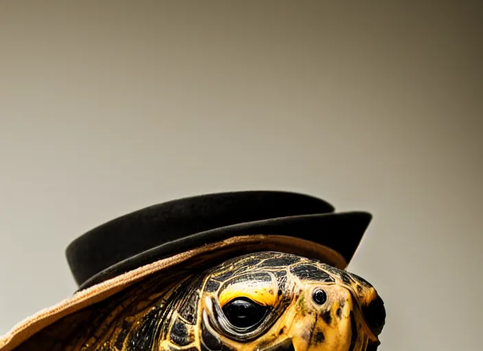 Image similar to photo still of a tortoise wearing a top hat and bowtie, 8 k, studio lighting bright ambient lighting key light, 8 5 mm f 1. 8