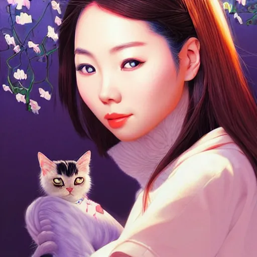 Image similar to bemused to be in surrounded by cats portrait of a vietnamese actress looking straight on, complex artistic color illustration, full detail, soft shadowing, fully immersive reflections and particle effects, concept art by artgerm, by range murata