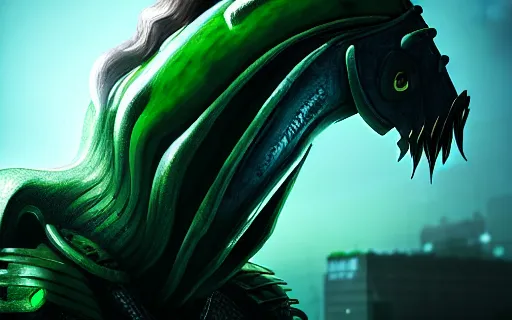 Image similar to an epic fantasy comic book style portrait painting of an giant abyssal green alien horse, menacing. unreal 5, daz, hyperrealistic, octane render, cosplay, rpg portrait, dynamic lighting