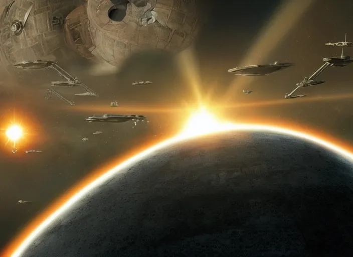 Image similar to film still of the death star hovering above earth, full view, in the new star wars movie, 4 k