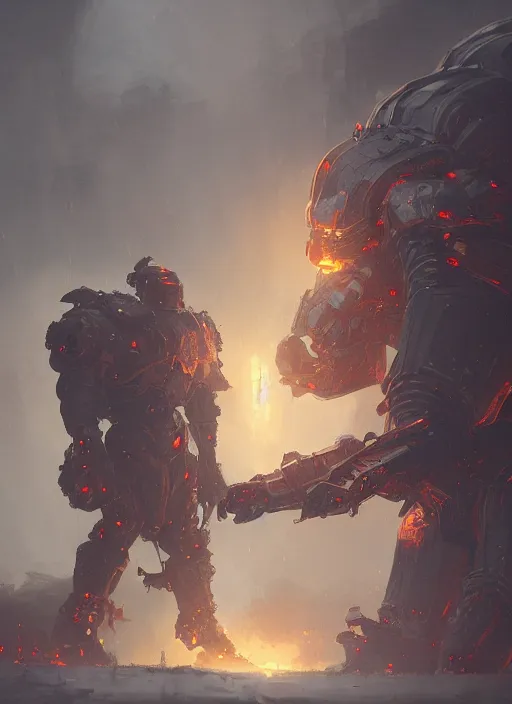 Prompt: a photorealistic dramatic hyperrealistic render of an armored fire golem guardian by wlop, greg rutkowski, alphonse mucha, beautiful dynamic dramatic dark moody lighting, shadows, cinematic atmosphere, artstation, concept design art, octane render, 8 k