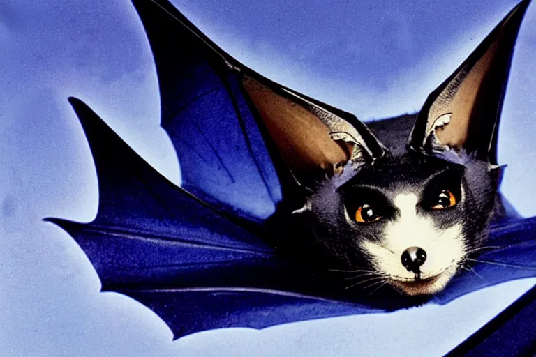 Image similar to a blue - and - black male catbat fursona with blue / green heterochromatic eyes ( differently - colored eyes, one green, one blue ) and huge bat ears, photo of the catbat streaming on his computer