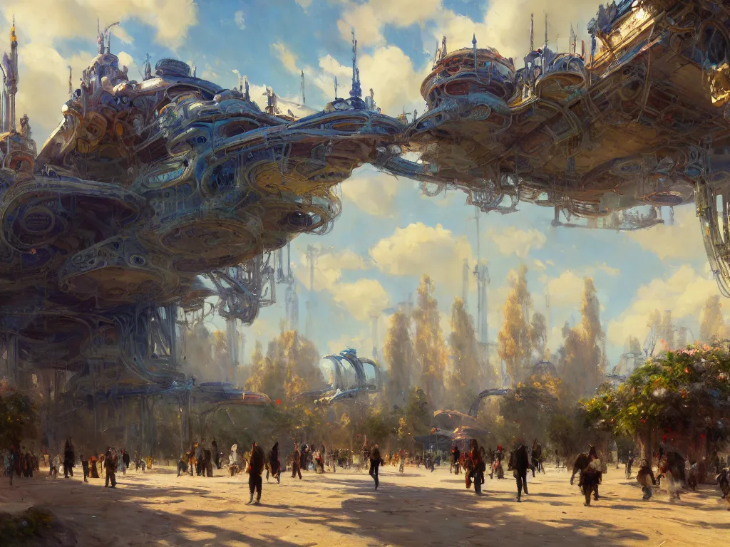 Prompt: impressionist brushstrokes!!!! solomon joseph solomon and richard schmid and jeremy lipking victorian loose genre loose painting of a busy elaborate ornate outdoor sci - fi park, cinematic, shadows, partly cloudy day, 4 k, detailed, by zaha hadid and beeple