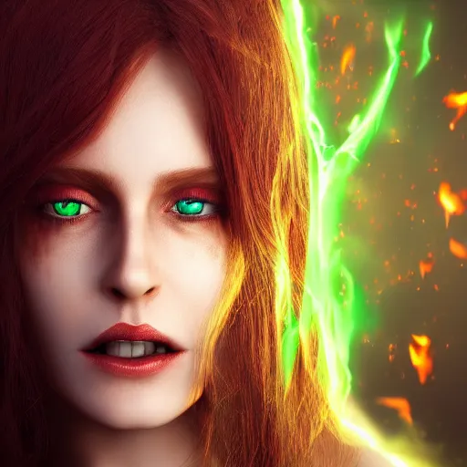 Image similar to 4k UHD photorealistic render beautiful sorceress with pale green eyes and fiery red hair summoning a demonic nightmare