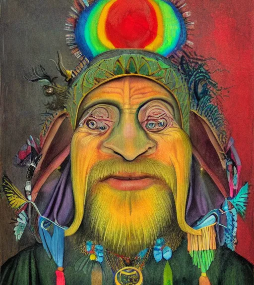 Image similar to Portrait painting in a style of Hieronim Bosch of an old shaman dressed in a colorful traditional clothes. Psychodelic