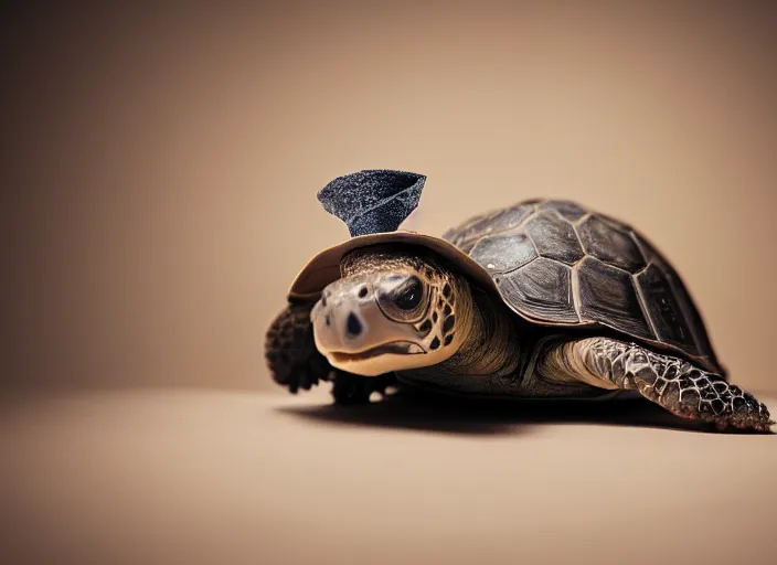 Image similar to photo still of a tortoise wearing a top hat and bowtie, 8 k, studio lighting bright ambient lighting key light, 8 5 mm f 1. 8