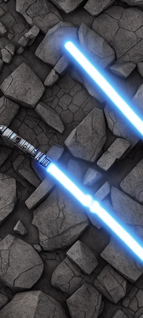 Image similar to ultra - detailed cinematic render, of a lightsaber lying vertically between the stones, photo from above, octane render, deviantart, high quality, digital art, 8 k, jedi fallen order teaser, jedi fallen order lightsaber wallpaper 4 k, cal kestis lightsaber wallpaper pinterest