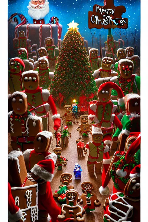 Prompt: a hyperrealistic painting of a 3 d christmas nightmare with giant mechanical evil gingerbread man, march of the wooden soldiers, santa's workshop, cinematic horror by chris cunningham, lisa frank, richard corben, highly detailed, vivid color,