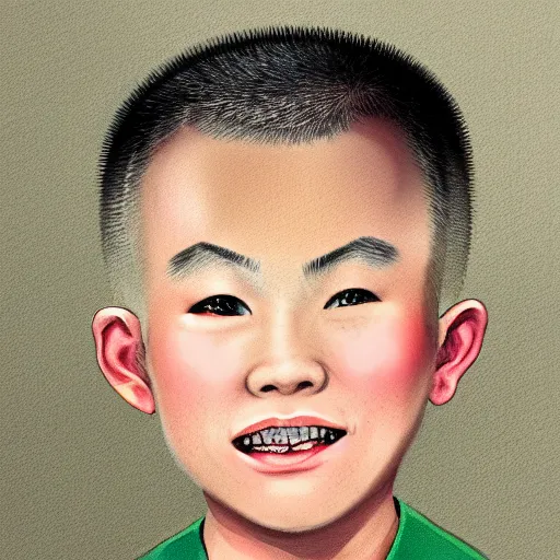 Image similar to dramatic portrait of chinese boy buzz cut, creepy smile, digital painting