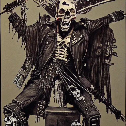 Prompt: a portrait of the grim reaper as a punk rocker, punk, skeleton face, mohawk, dark, fantasy, leather jackets, spiked collars, spiked wristbands, piercings, boots, guitars, motorcycles, ultrafine detailed painting by frank frazetta and vito acconci, detailed painting