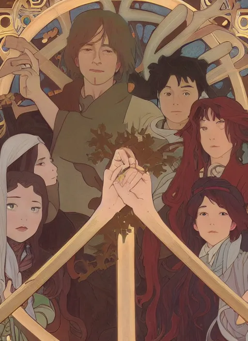 Image similar to among us characters holding hands in a circle by a burning cross, highly detailed, high quality, digital painting, by studio ghibli and alphonse mucha, leesha hannigan, makoto shinkai, disney