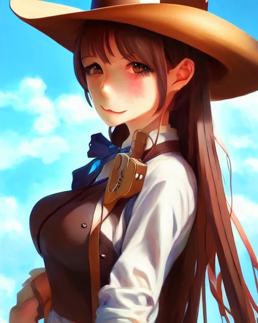 Image similar to character concept art of an anime cowgirl | | cute - fine - face, pretty face, realistic shaded perfect face, fine details by stanley artgerm lau, wlop, rossdraws, james jean, andrei riabovitchev, marc simonetti, and sakimichan, tranding on artstation