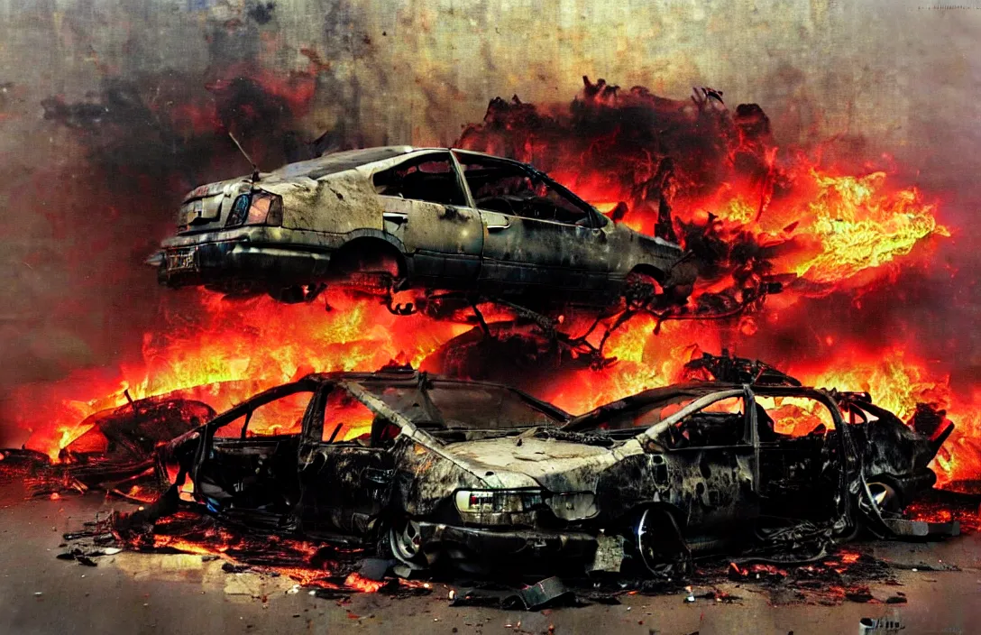 Prompt: abandoned honda civic on fire, detailed painting, epic lighting, by ilya repin, phil hale and kent williams