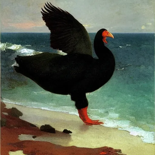 Prompt: huge dodo bird with its feet standing in the ocean, painting by albert bierstadt and winslow homer, highly detailed