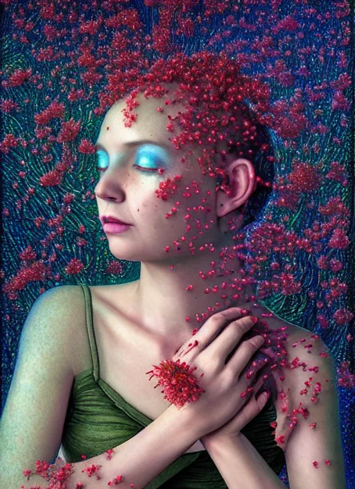 Prompt: hyper detailed 3d render like a Oil painting - Aurora (Singer) Eats of the Strangling Fruit of penance and Her Hands full of gossamer polyp blossoms bring iridescent fungal flowers whose spores black the foolish stars by Jacek Yerka, Mariusz Lewandowski, Houdini algorithmic generative render, Abstract brush strokes, Masterpiece, Edward Hopper and James Gilleard, Zdzislaw Beksinski, Mark Ryden, Wolfgang Lettl, hints of Yayoi Kasuma, octane render, 8k