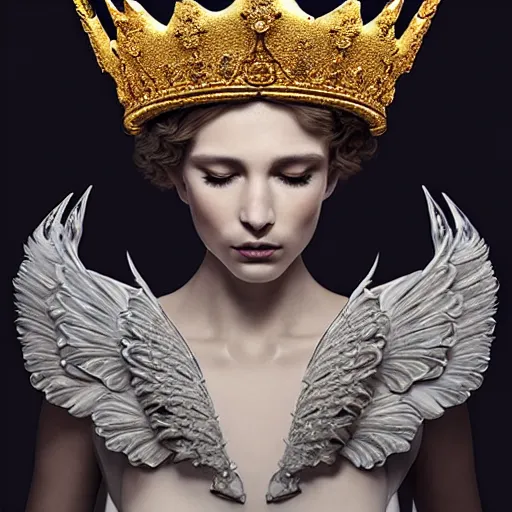 Image similar to elegant king's crown made of wings, delicate, fantasy, intricate, elegant, dramatic lighting, emotionally evoking symbolic metaphor, highly detailed, lifelike, photorealistic, digital painting, artstation, concept art, smooth, sharp focus, illustration, art by John Collier and Albert Aublet and Krenz Cushart and Artem Demura and Alphonse Mucha