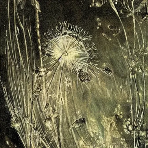 Image similar to a beautiful fairytale painting of a dandelion seed that is also a fairy. the dandelion seed is the body of the fairy. beautiful clear painting by arthur rackham