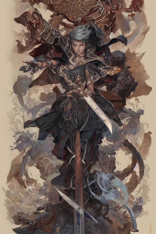 Image similar to sword labyrinth spell scroll art by artgerm and greg rutkowski and Craig Mullins, James Jean, Andrey Ryabovichev, Mark Simonetti and Peter Morbacher 16k