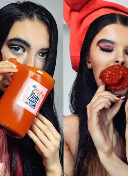 Prompt: A TikTok model is pouring hot sauce into her mouth as a challenge