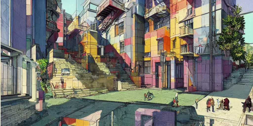 Image similar to neo brutralism, concrete housing, a long stairway going up, concept art, colorful, vivid colors, sunshine, light, shadows, reflections, oilpainting, cinematic, 3D, in the style of Akihiko Yoshida and Edward Hopper