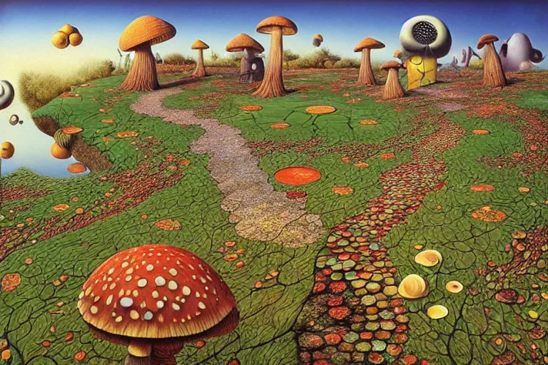Prompt: the path less taken with mushrooms by jacek yerka, roger dean and salvadore dali
