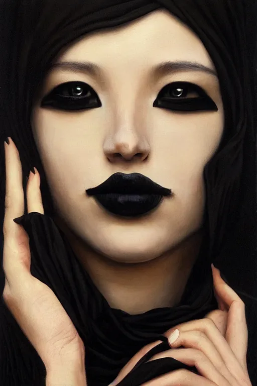Prompt: hyperrealism oil painting, portrait fashion model, black square censure on eyes, face is wrapped in a black scarf, s, dark background, in style of classicism mixed with 8 0 s japanese sci - fi books art