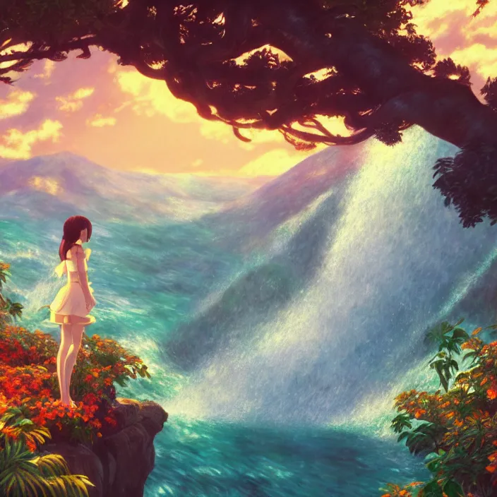 Prompt: an epic makoto shinkai and renoir landscape with a hawaiian waterfall, golden hour, 🌺, a beautiful woman with long brown hair, ultra smooth, octane render, lois van baarle, ilya kuvshinov