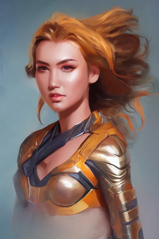 Prompt: three quarters portrait pose of a beautiful woman,super hero costume,super powers,heroic pose,highly detailed, digital painting, artstation,illustration, art by Stanley Lau