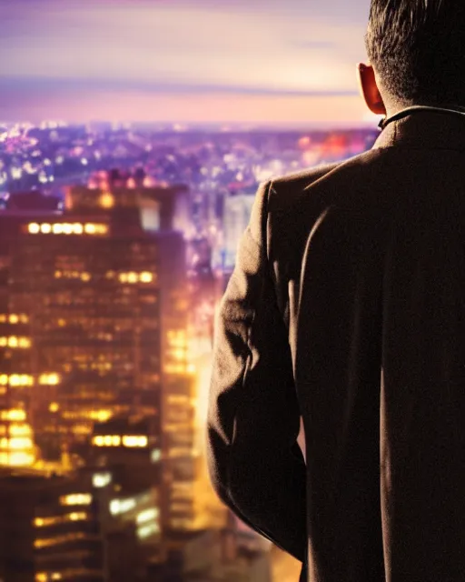 Image similar to a night rooftop scene, close up shot of a photorealistic gangster wearing a trench coat looking at the city below