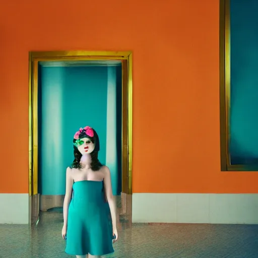 Image similar to giant flower head, frontal, girl standing in mid century hotel, surreal, symmetry, bright colors, cinematic, wes anderson