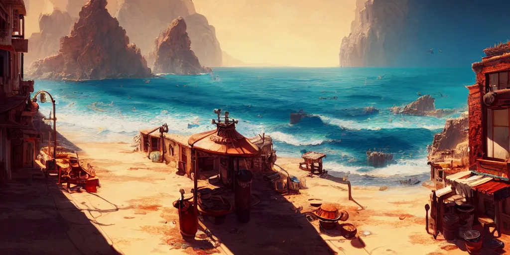 Prompt: an arid mediteranean wild west port town, bright sun and crashing waves; detailed, best on artstation, cgsociety, wlop, cosmic, epic, stunning, gorgeous, masterpiece