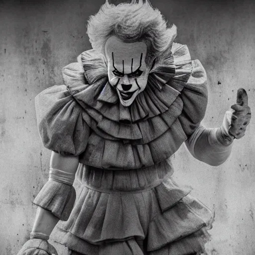 Image similar to Creepy full body shot of Pennywise the clown, old photo, grayscale