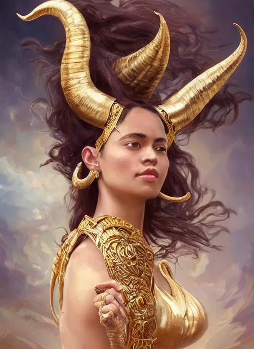 Image similar to fullbody!! dynamic movement pose, beautiful ethnic woman with flowing hair, big natural horns on her head, gold jewellery, dnd, face, fantasy, intricate, elegant, highly detailed, digital painting, artstation, concept art, smooth, sharp focus, illustration, art by artgerm and greg rutkowski and alphonse mucha