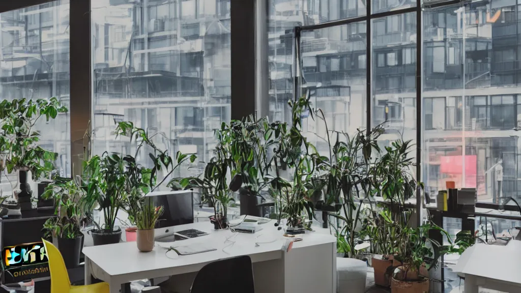 Prompt: IKEA catalogue photo, modern office space, retro future style furniture, cyberpunk style neon lighting, lush plant life, cityscape in the window