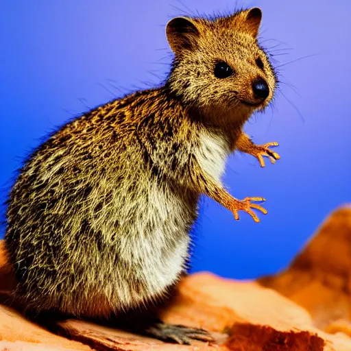 Prompt: quokka spider hybrid, happy, bold natural colors, national geographic photography, masterpiece, in - frame, canon eos r 3, f / 1. 4, iso 2 0 0, 1 / 1 6 0 s, 8 k, raw, unedited, symmetrical balance